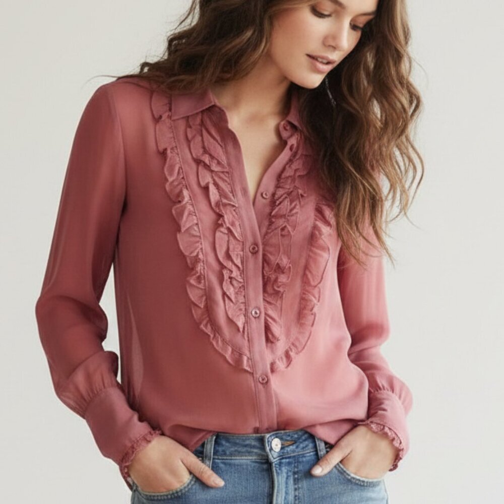 Free People Mauve Semi Sheer Ruffle Button Down Blouse Medium Boho Fairy XS NWOT